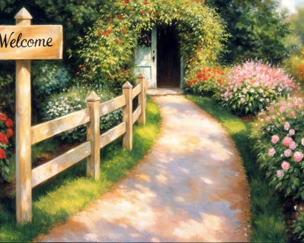 Serene Garden Path with Vibrant Flowers and Greenery