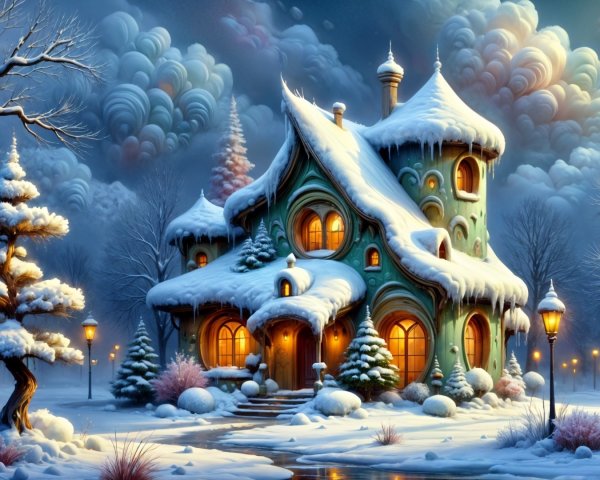 Whimsical Fairy-Tale House in Snowy Landscape