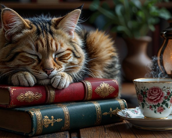 Fluffy Cat on Vintage Books with Teacup and Lantern
