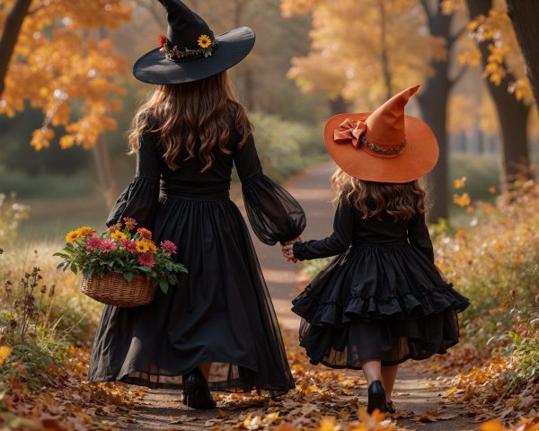 Young girls in witch costumes on an autumn path