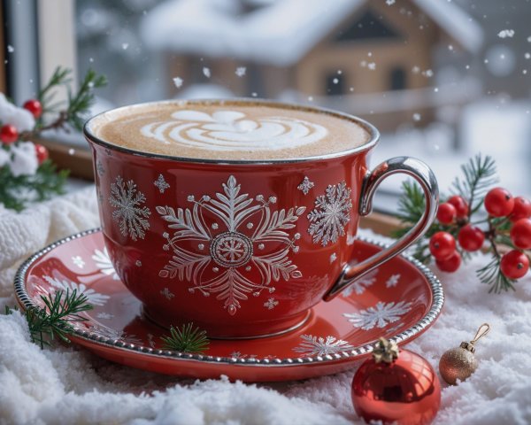 Festive Red Cup with Snowflake Designs and Latte Art