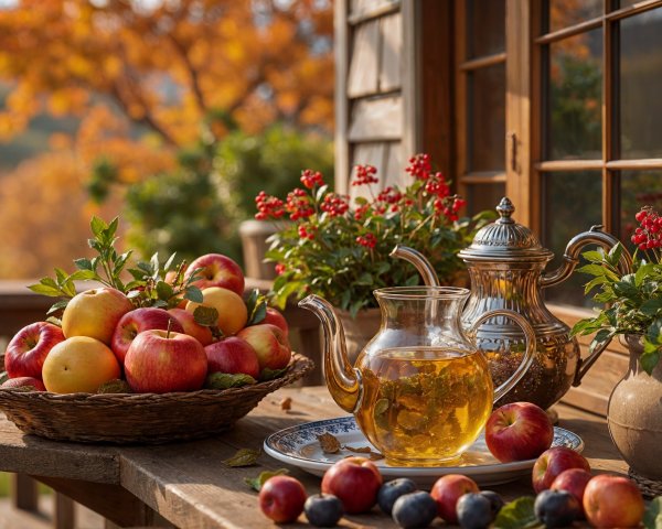 Cozy Autumn Scene with Apples and Tea on Porch