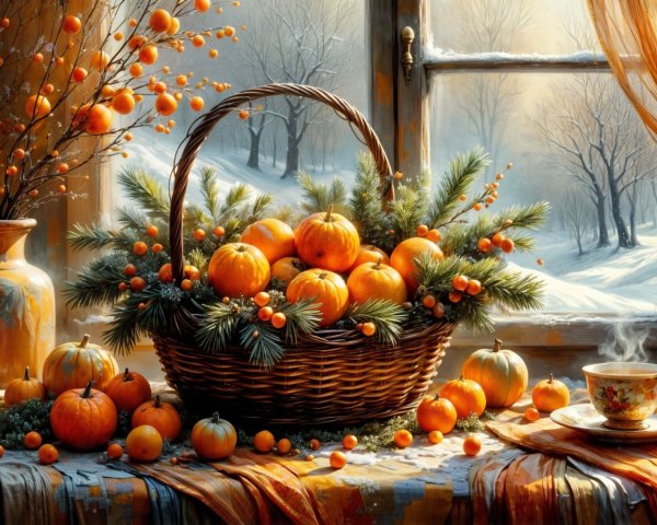 Cozy Winter Scene with Oranges and Pine Branches