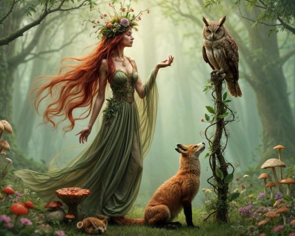 Mystical Woman in Enchanted Forest with Wildlife