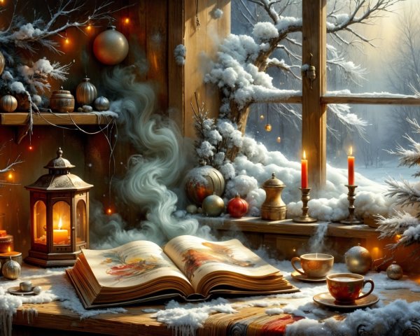 Cozy Winter Scene with Snow and Warm Decor
