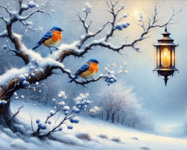 Bluebirds on Snowy Branch in Winter Landscape