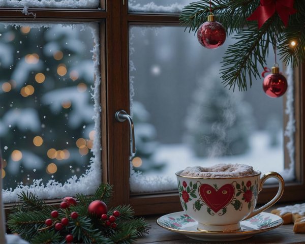 Cozy Winter Scene with Hot Cocoa and Snowy Landscape
