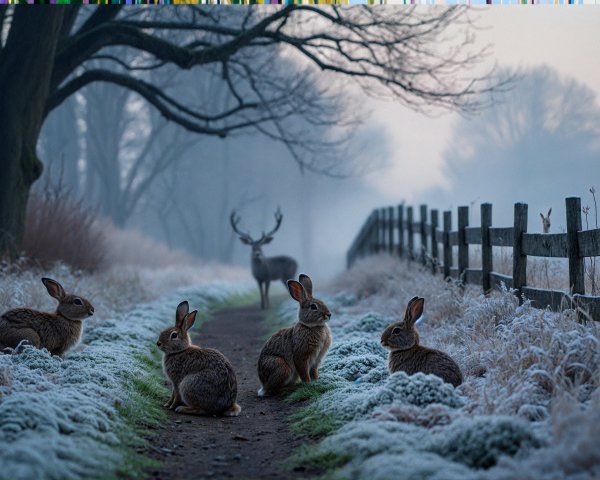 Serene Dawn Landscape with Rabbits and Stag