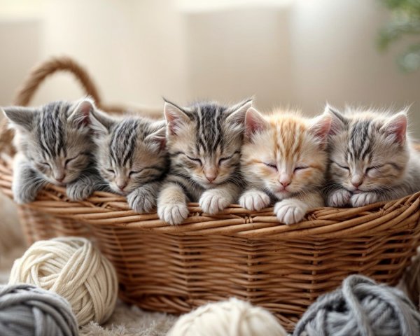Five Kittens Sleeping in a Woven Basket with Yarn Balls