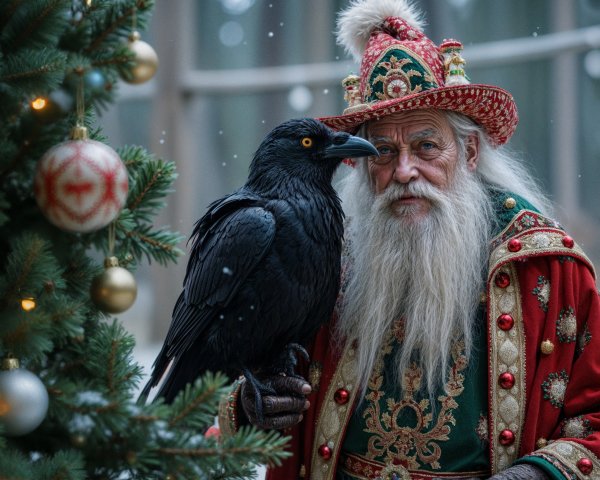 Venerable figure in festive red robes with raven and tree