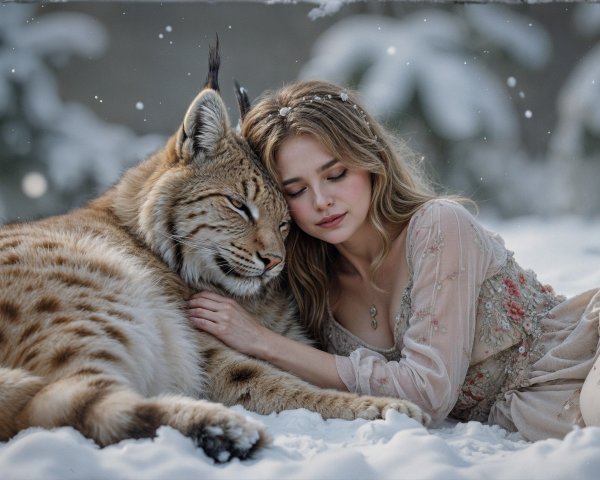 Winter Scene with Woman and Lynx in Snowy Landscape
