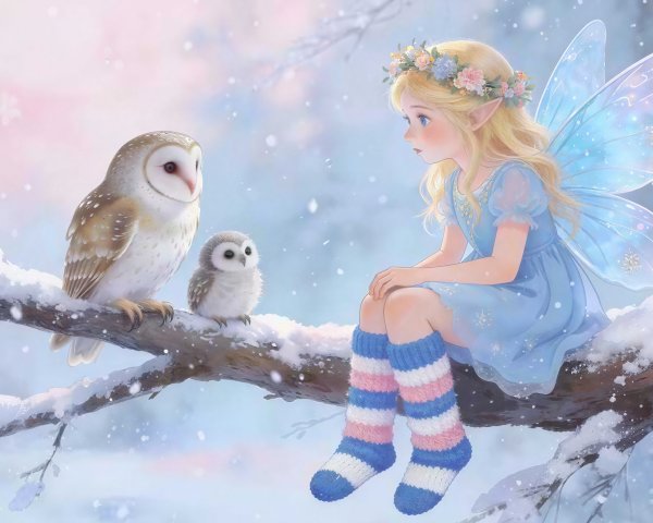 Fairy in Blue Dress with Owls in Winter Wonderland