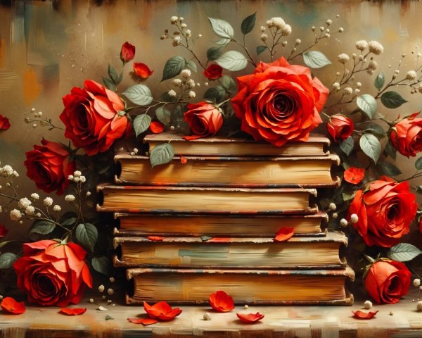 Old Books and Red Roses Create a Romantic Scene