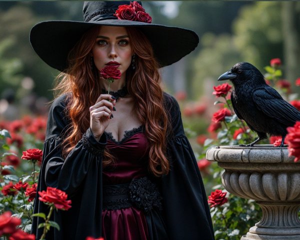 Woman in garden with red roses and raven