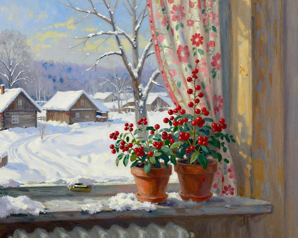 Winter Landscape with Cabins and Snowy Trees