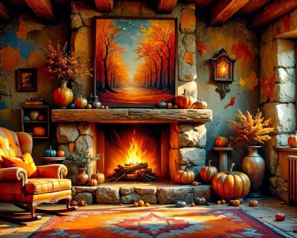 Cozy Autumn Living Room with Fireplace and Decor