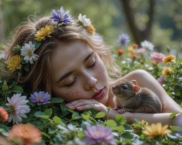 Vibrant Garden Scene with Sleeping Woman and Rodent