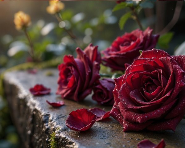 Deep Red Roses with Water Drops on Stone Surface