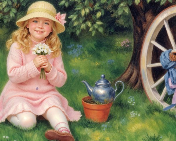 Cheerful Girl in Meadow with Daisies and Teapot