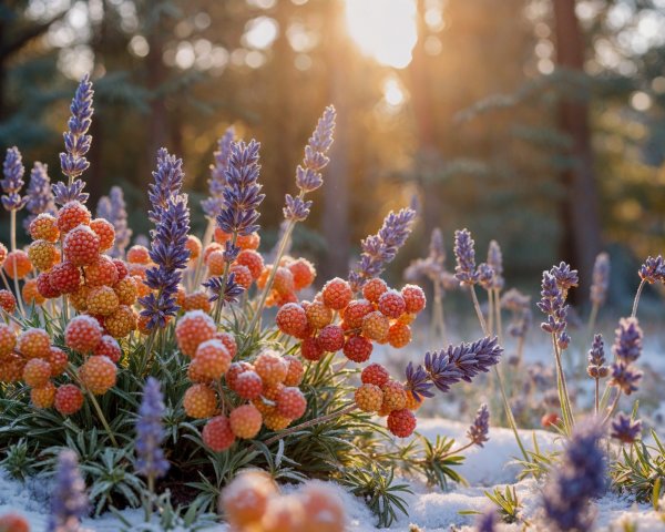 Winter Scene with Orange Berries and Lavender Blooms