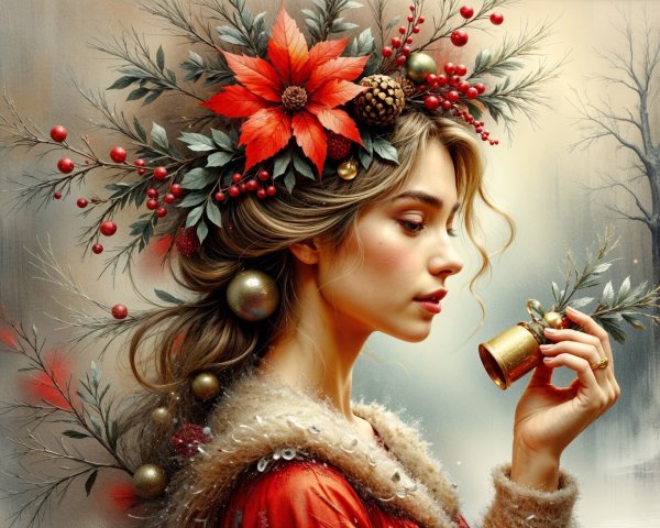 Serene woman with festive foliage and golden bell