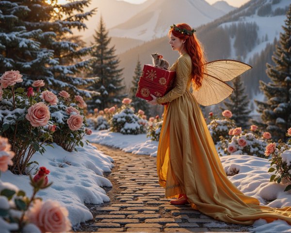 Whimsical Fairy on Snowy Path with Roses and Mountains