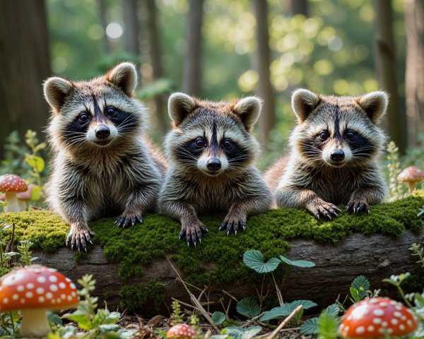 Raccoons on a Moss-Covered Log in a Forest Scene