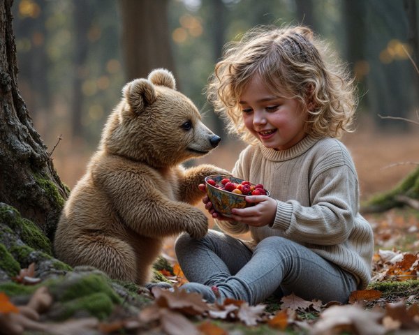 Child and bear cub share strawberries in autumn forest
