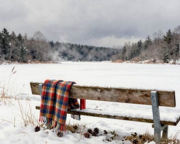 Snowy Winter Landscape with Bench and Frozen Lake