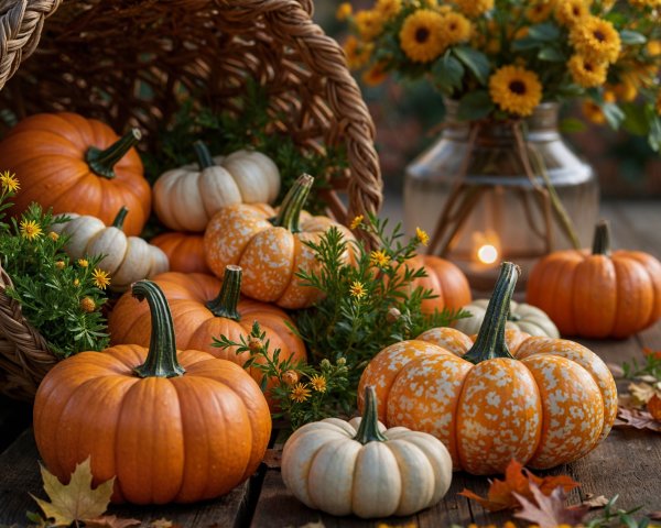 Autumn Scene with Pumpkins and Cozy Candlelight