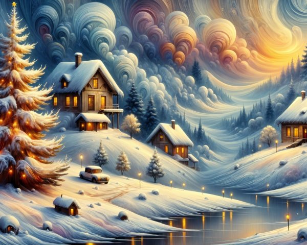Winter Landscape with Houses and Sparkling Trees