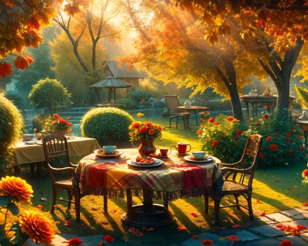 Tranquil Garden Scene with Autumn Foliage and Tea Setup
