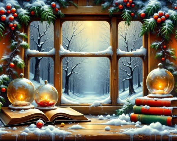 Cozy Winter Scene with Snowy Landscape and Lanterns