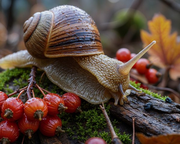 Brown Snail on Mossy Log with Red Berries and Leaves