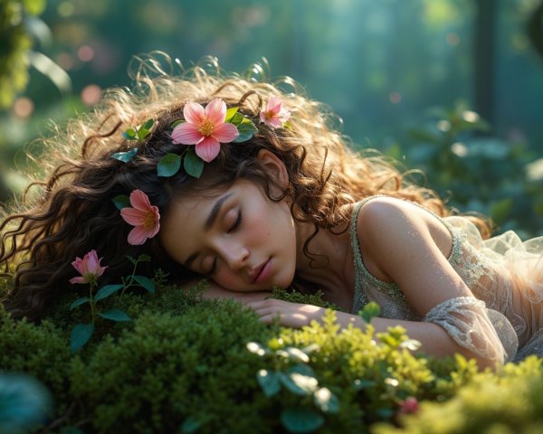 Young girl sleeping on moss with flowers and sunlight