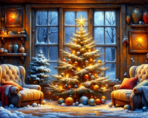 Cozy Christmas Room with Decorated Tree and Snowy View