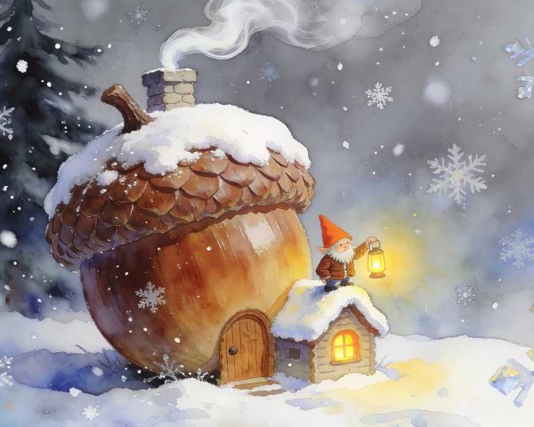 Winter Watercolor Scene with Acorn House and Gnome