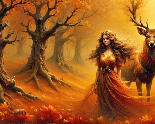 Mystical Autumn Forest with Stag and Orange Gown