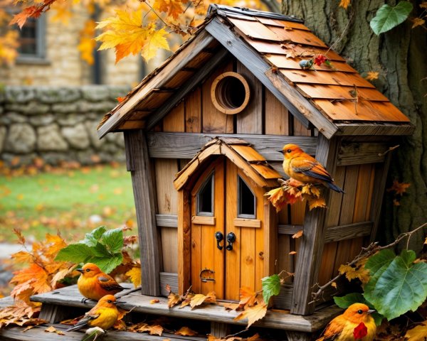 Wooden Birdhouse Surrounded by Autumn Leaves and Birds