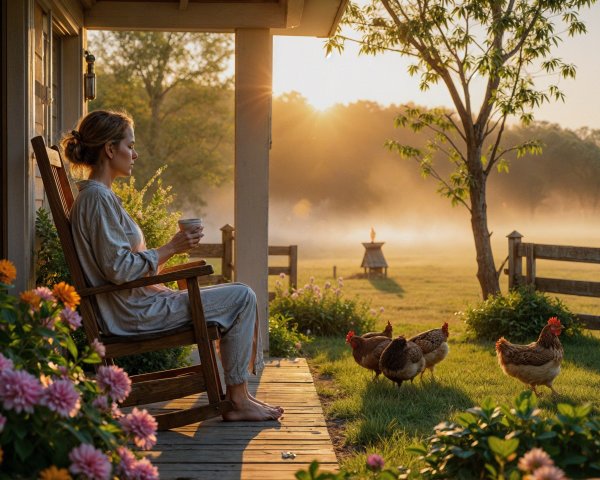 Tranquil Morning Scene with Woman on Porch