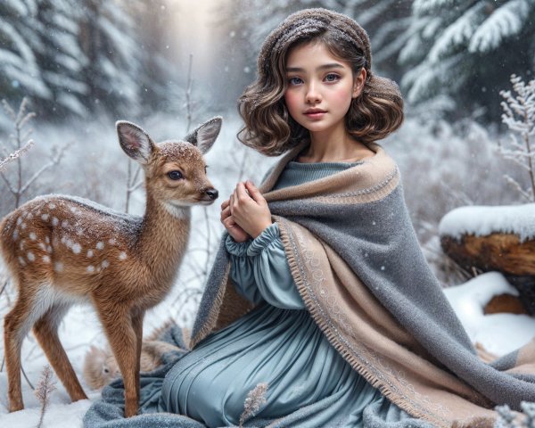 Young girl and fawn in a snowy forest setting