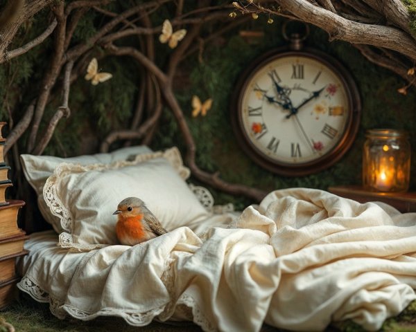 Cozy Nook with Bird, Vintage Books, and Antique Clock