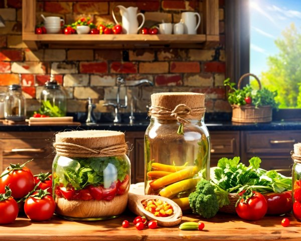 Cozy Kitchen Scene with Fresh Vegetables and Light