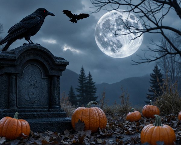 Crow with Red Eyes in Misty Graveyard at Twilight