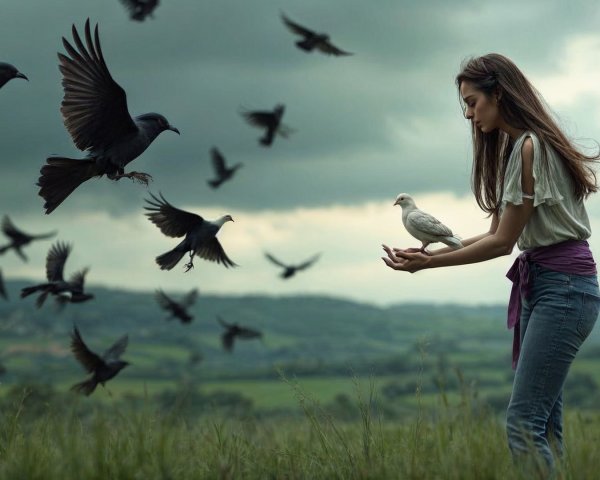 Young Woman with White Bird in Dramatic Landscape