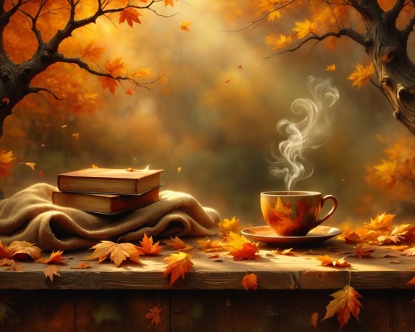 Cozy Autumn Scene with Tea and Stacked Books