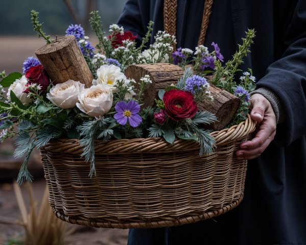 Wicker Basket with Colorful Flowers in Natural Setting