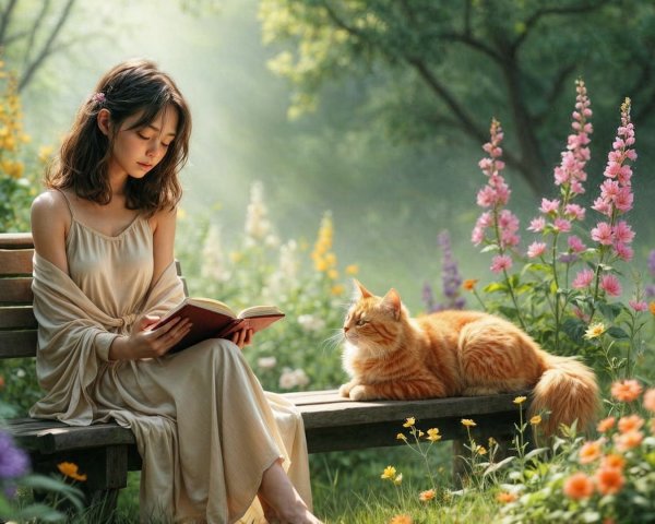 Young woman reading in a serene garden with a cat