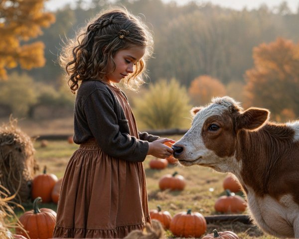 Young Girl and Calf in Autumn Farm Setting