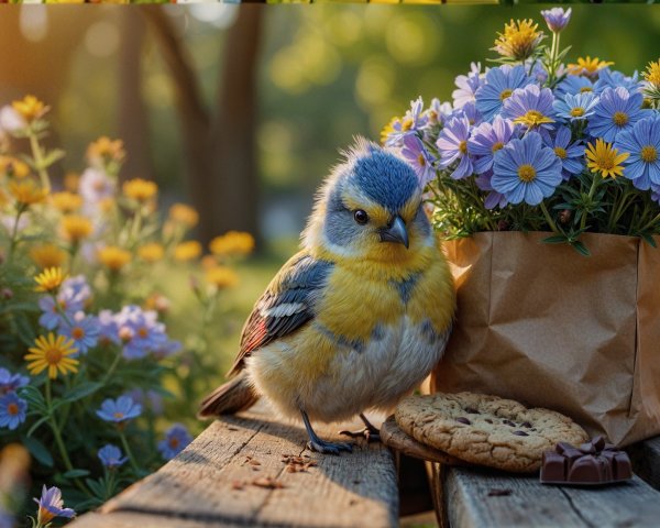 Vibrant Bird and Flowers on a Sunlit Wooden Bench